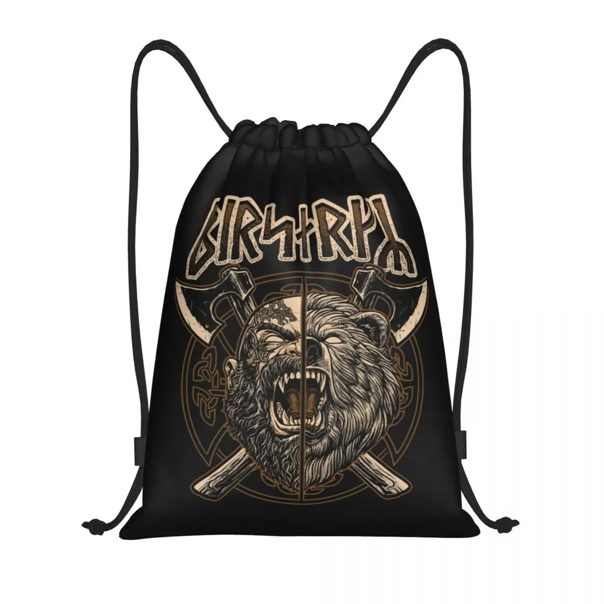 Norse Viking Berserker Pagan Bear Warrior Futhark Runes Drawstring Backpack Women Gym Sport Sackpack Foldable Shopping Bag Sack