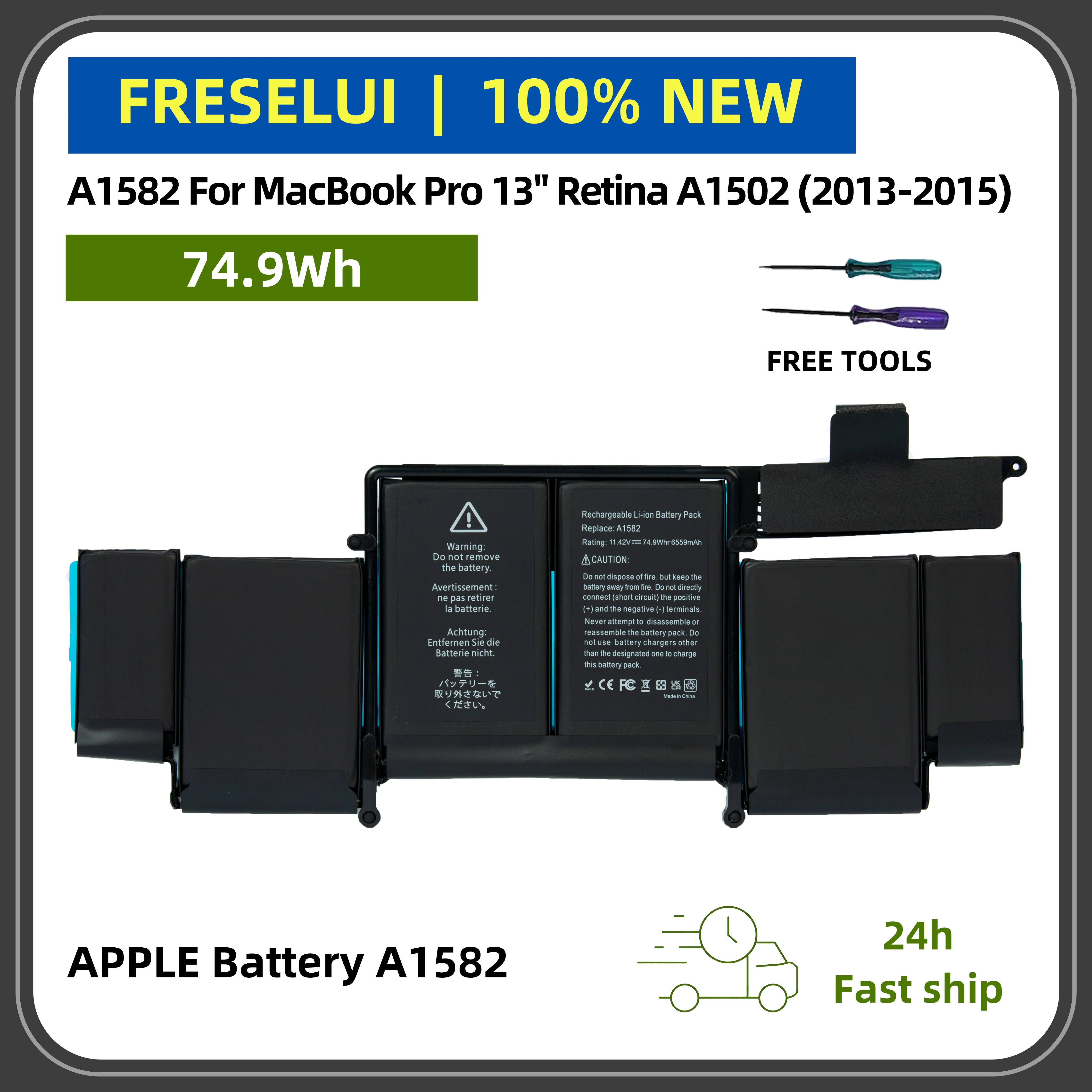 

Высокопроизводительный аккумулятор FRLESUI A1582 для MacBook Pro 13 дюймов Retina A1502 (2013-2015) долговечный и безопасный +2-летняя гарантия
