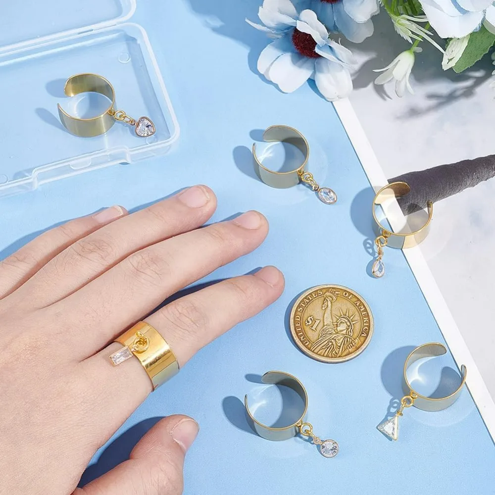 6 шт., 6 стилей, кольца-подвески из нержавеющей стали, регулируемые кольца с подвесками из горного хрусталя, женское кольцо, золотые кольца-подвески на Рождество