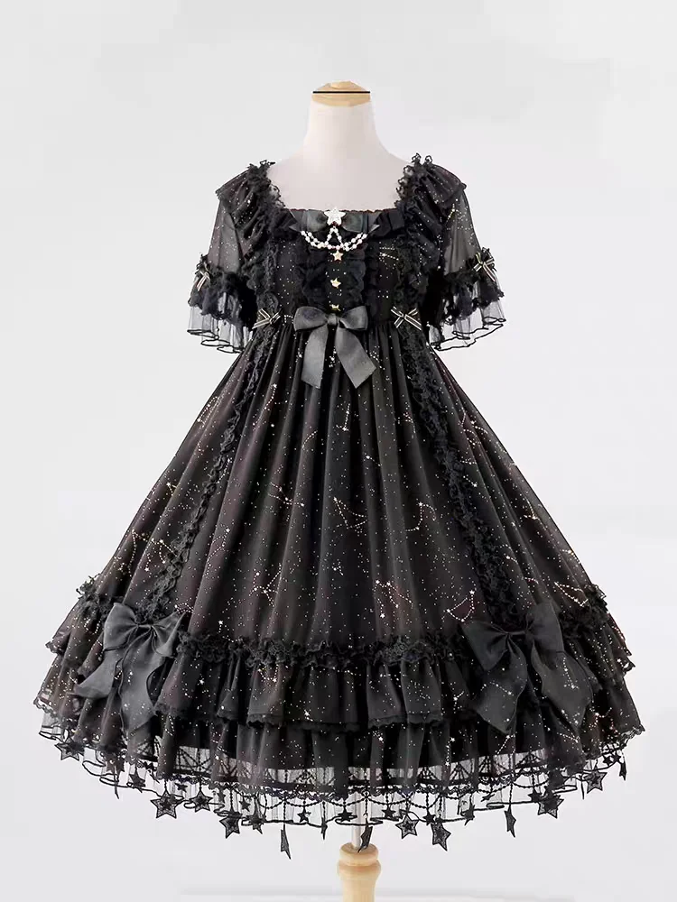 Lente Zomer Zware Industrie Strik Ruches Vierkante Hals Lolita Jurken Zoete Meisjes Hoge Taille A-lijn Veelzijdige Leeftijdsreductie Jurk