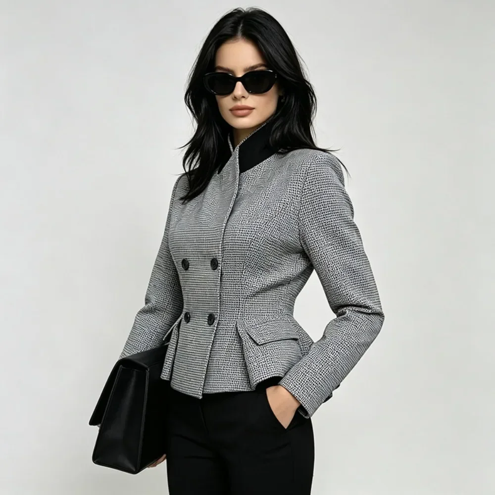 Women New Autumn Winter Houndstooth Blazer Jacket Elegant Short Slim Fit Minimalist Versatile Daily Casual Chic Ladies Outerwear