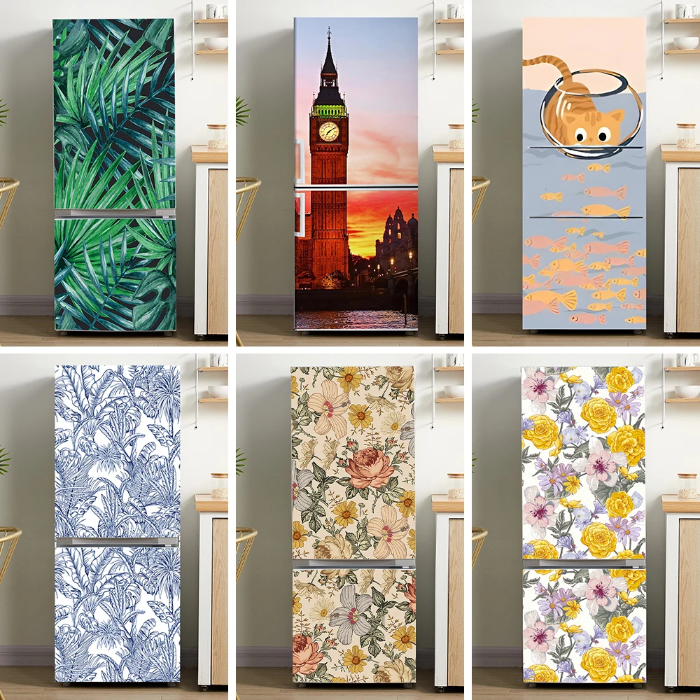 INS Flower Printed Fridge Door Mural Sticker Self Adhesive PVC Kitchen Wallpaper for Refrigerator Door Cover Renovation Decor