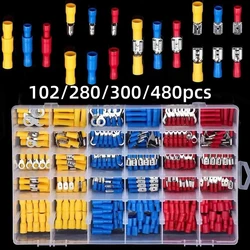 102-480pcs Cable Lugs Assortment Kit Wire Flat Female and Male Insulated Electric Wire Cable Connectors Crimp Terminals Set