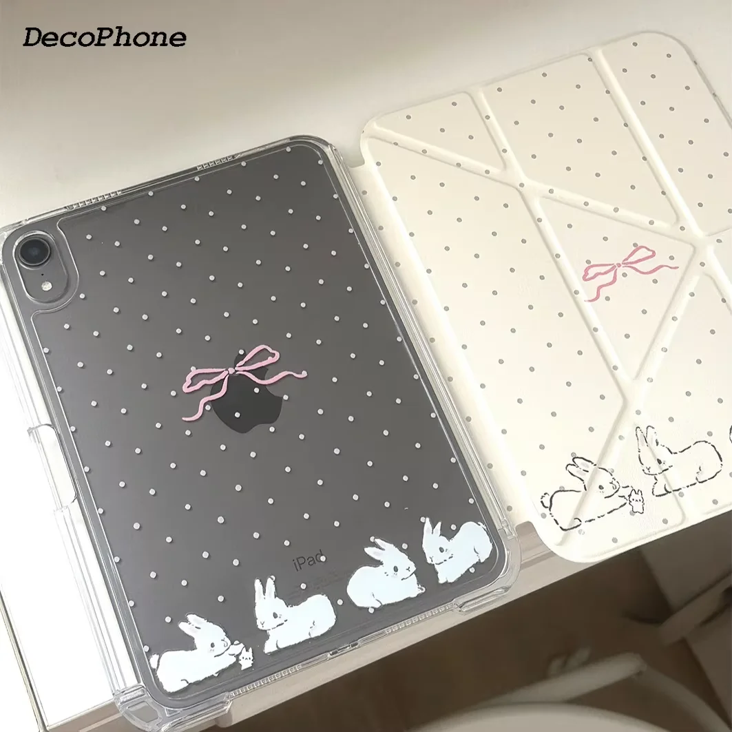Kawaii White Rabbit Brown Lace polka Dot Tablet Case For iPad Pro 13 11th A16 12.9