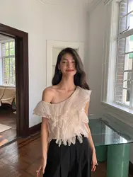Womens sexy T-shirt Off-the-shoulder tops Flounce vest Summer Clothing