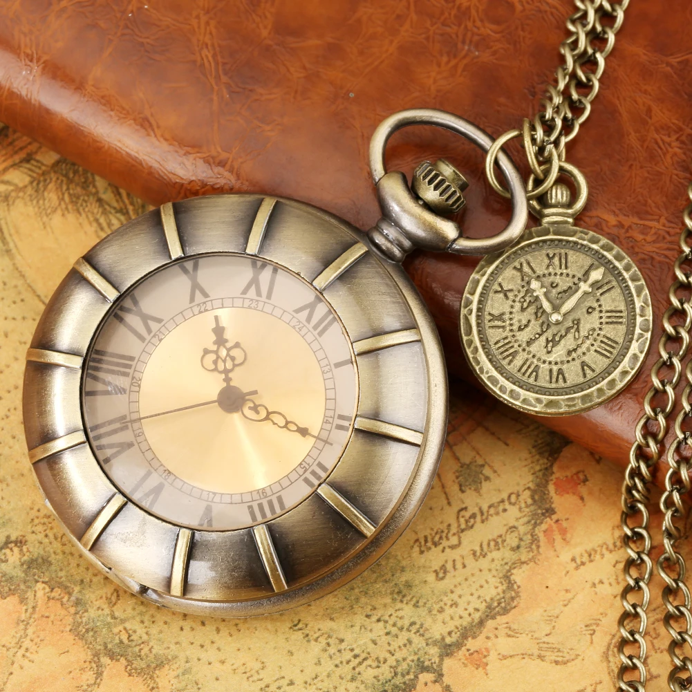 Bronze Transparent Glass Roman Numerals Dial Design Quartz Pocket Watch Antique Necklace Chain Pendant Gifts with Accessory