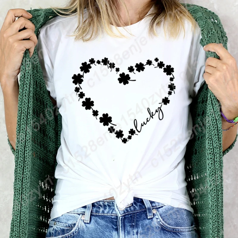 Fashion Women's Tops St Patrick's Day Clover Heart Lucky Print Tees Summer Loose Crew Neck T Shirt Creative Personalized T-shirt