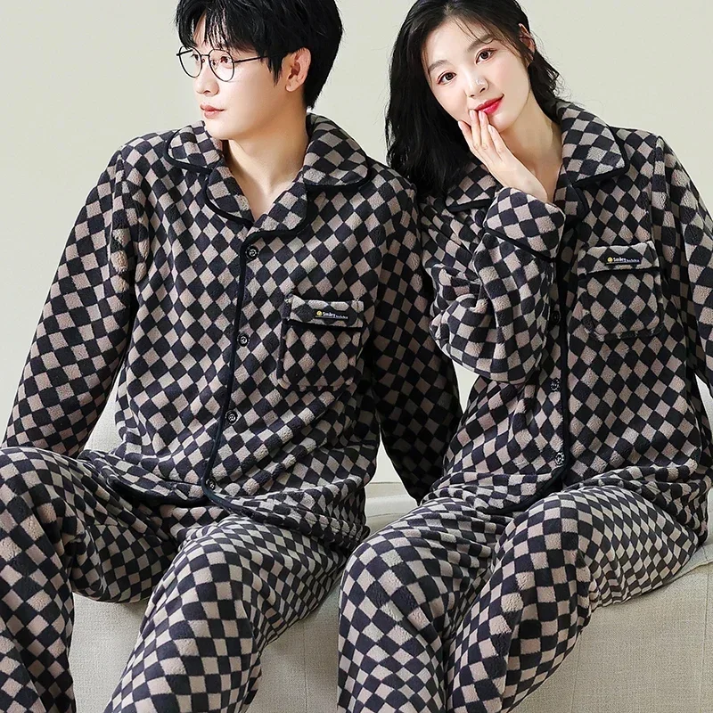 

Winter Warm Sleepwear Flannel Matching Couples Pajamas 2 Piece Outfit Home Clothes Pyjama Femme Nightwear Womens Loungewear Set