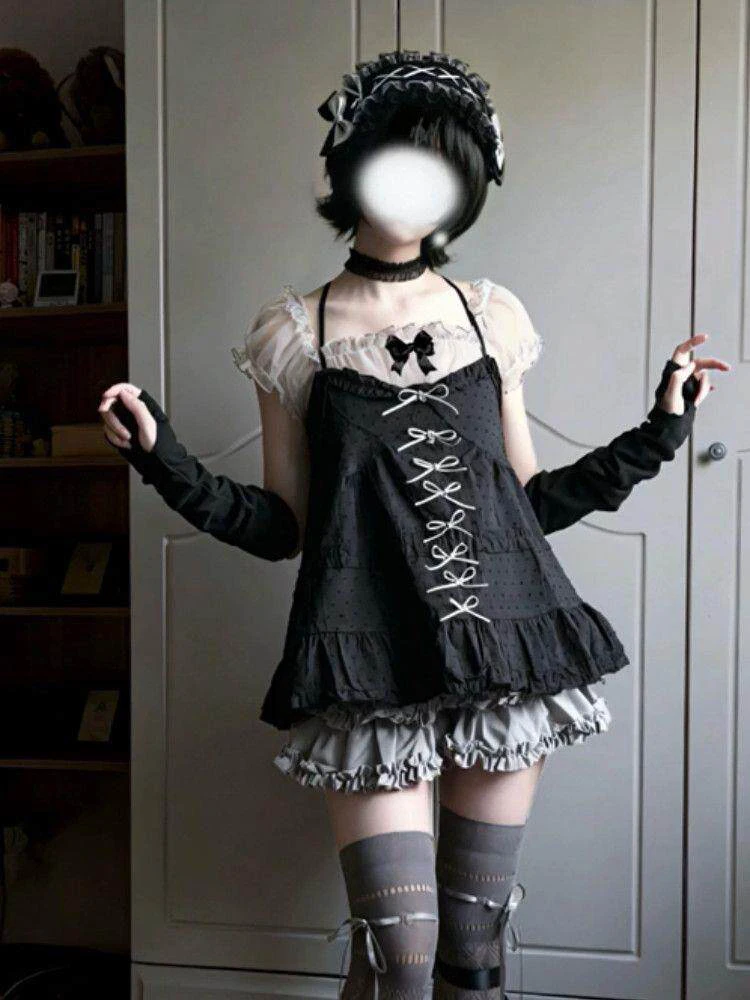 Gothic Style  Knot Camisole Set Cute Half Skirt Three Piece Set Dark Ballet Sweet Style Short Sleeve Bubble Sleeve