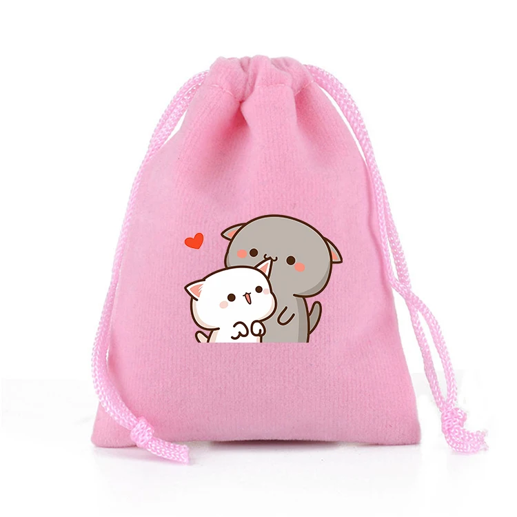 New Peach and Goma Gift Bag Cat Drawstring Bag Game Storage Bags Cute Print Flannel Drawstring Pouch Anime Kids Party Bag Gifts