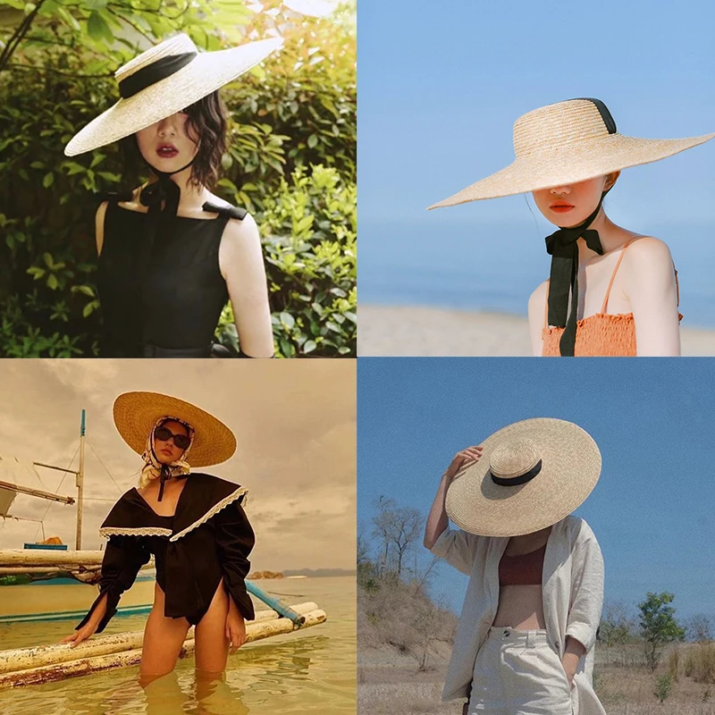 Sombrero de playa de rafia para mujer, gorra de paja de trigo Natural grande con lazo, Cinta Larga, ala ancha, estilo francés Vintage, protector solar, Verano