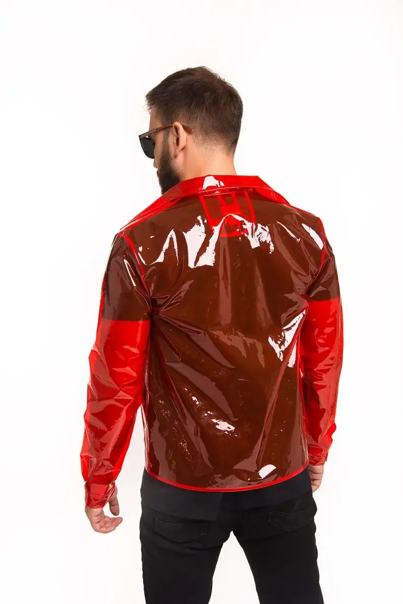 Men\'s Glossy Clear PVC Stand Collar See-through Jackets Male Long Sleeve Transparency Coats With Pocket rspective Jacket Custom