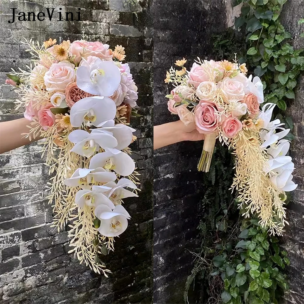 

JaneVini 2024 Elegant Cascading Bridal Bouquet for Wedding Champagne Pink Rose White Waterfall Bride Hand Flower Flores De Novia