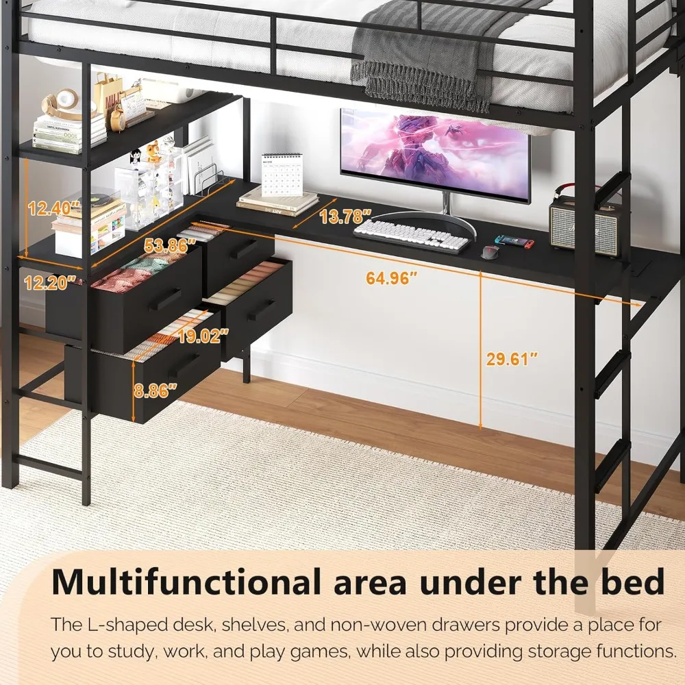 إطار سرير علوي معدني كامل من VINGLI مع مكتب على شكل حرف L، حاجز حماية مقاس 15 بوصة، سلم غير قابل للانزلاق، محطتين شحن، أرفف تخزين/ #5