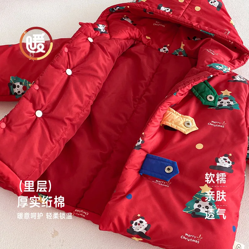 Children's Panda New Year's Clothing 2025 New Winter Boys' Christmas Cotton Jacket Baby Fashion Color Contrasting Cotton