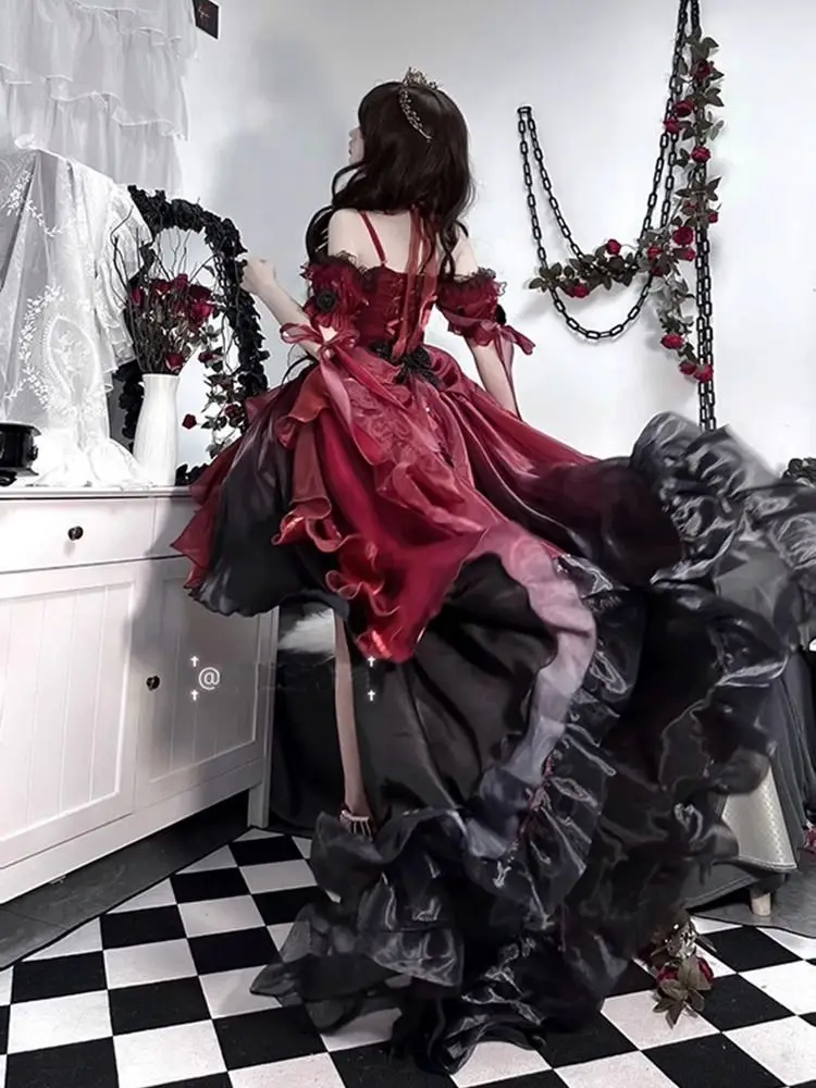 2025 New Japanese Korean Dark Kawaii Bride Red Flower Wedding Dress Vintage Lolita Heavy Industry Trail Puffy Princess Dresses