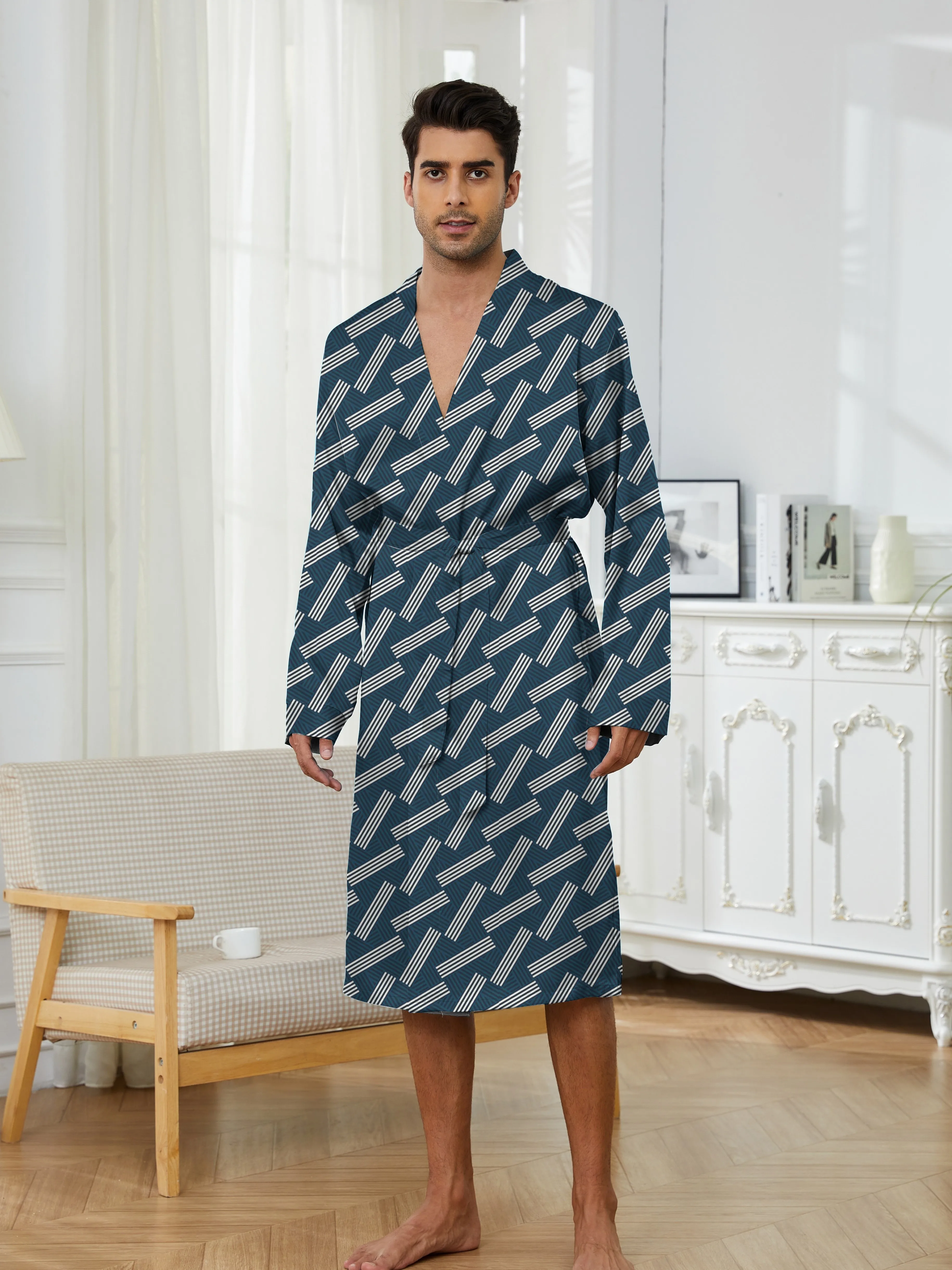 Men's Spring and Autumn Trendy Robe, Quick Drying Digital Printed Casual Comfortable Robe Sleepwear.Bathrobe Men
