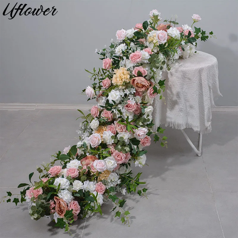 

Uflower 200CM Pink White Rose Greenery Runner Flower Row Wedding Backdrop Decor Floral Arrangement Party Props Window Display