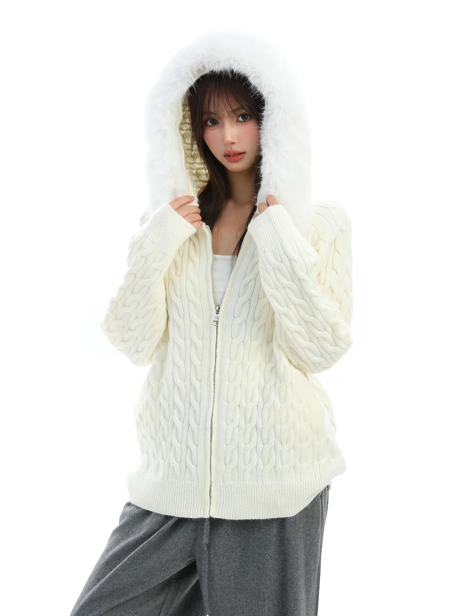 

Женский вязаный кардиган PTGINKIN с большим меховым воротником, капюшоном и узором из крученой пряжи, мягкий, теплый, осенне-зимний, в корейском стиле