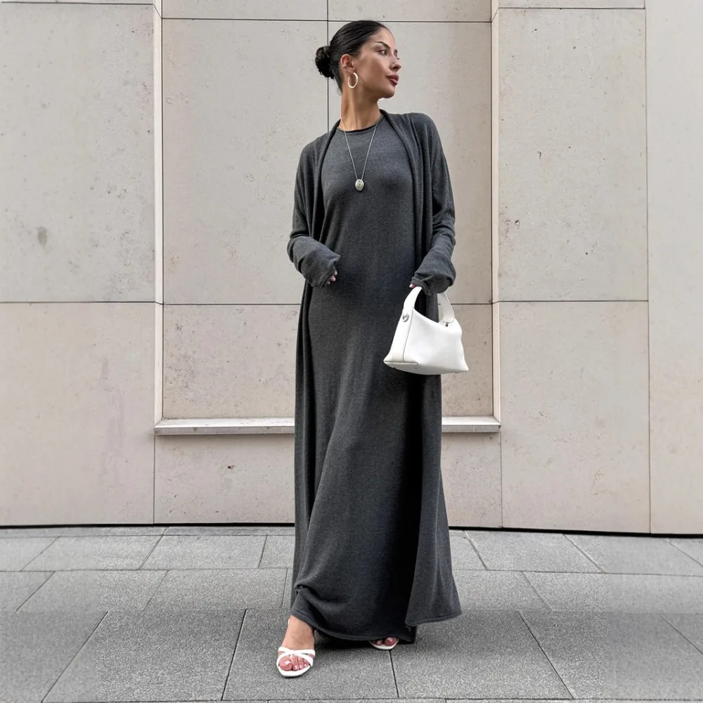 

Light Luxury Woman Knitted Cardigan Strap Dress Suit Autumn and Winer Lady Sweet Soft Elastic Sim Smock V-neck Home Dress Set