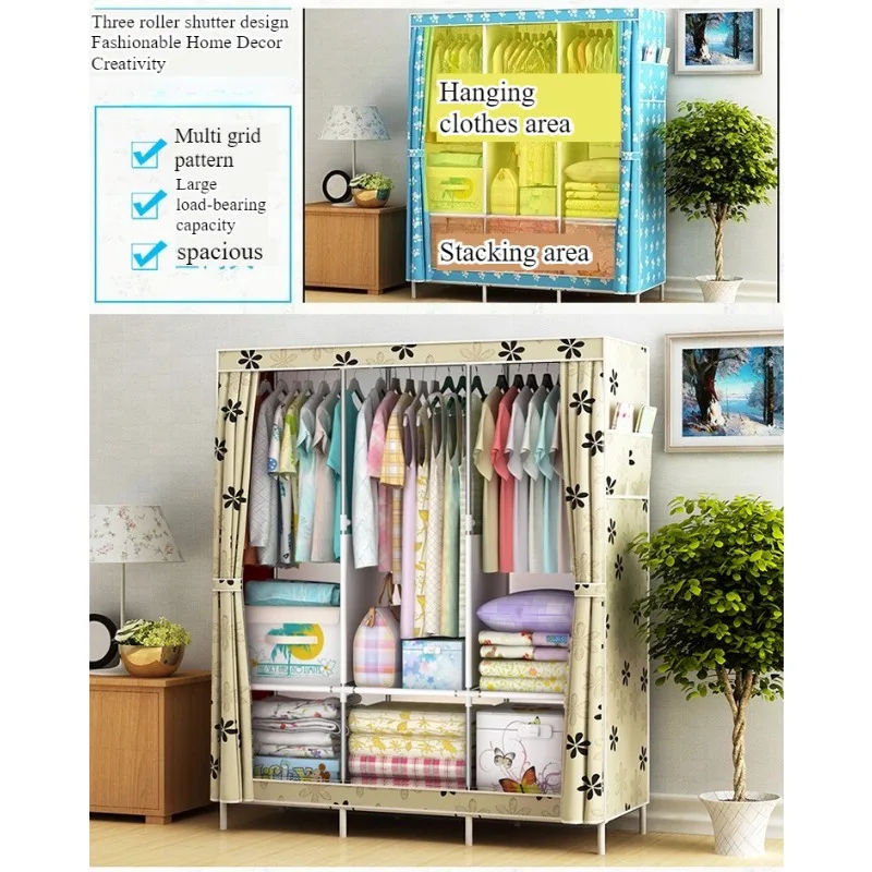 Armario de tela moderno y sencillo con estructura de tubos de acero, para colgar ropa individual o doble, ideal para dormitorio.