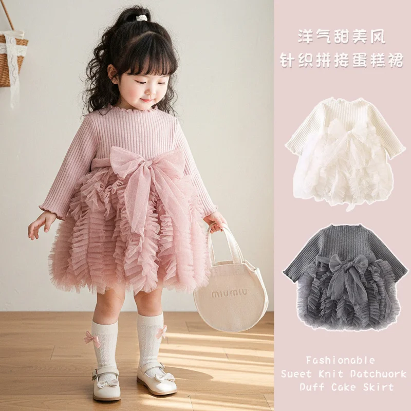 

Girls' Knitted Dress Spring Children's Puffy Princess Mesh Dress Stylish Baby Girl Cake Dress New Style