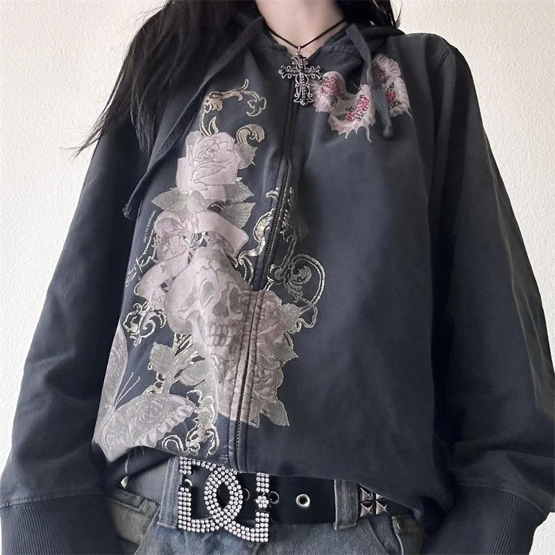 FUFUCAILLM Women Fall Grunge Hoodies Skull Floral Print Long Sleeve Hooded Jacket Zip Up Loose Casual Aesthetic Coat Streetwear