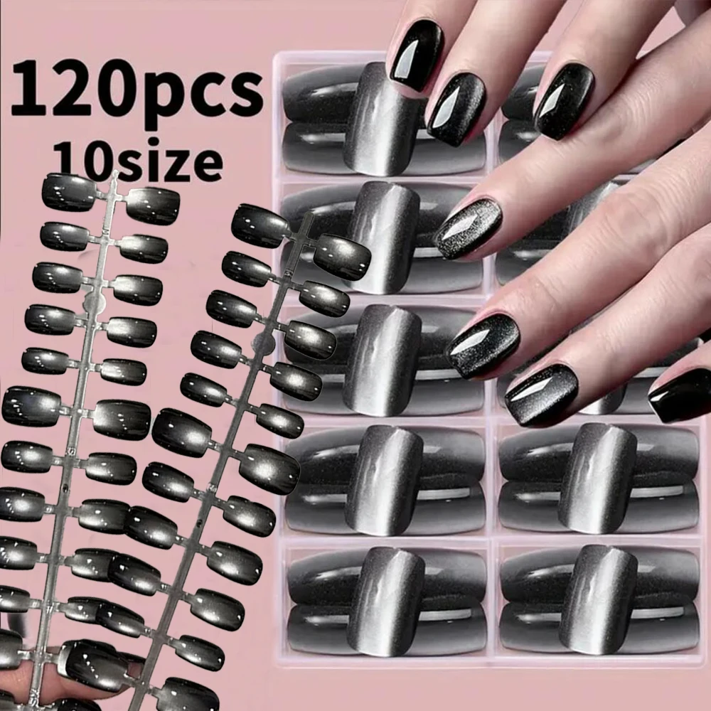 

120Pcs/box Black Cat Eye False Nails Short Square Galaxy Glitter Handmade Fake Nail Gradient Cat's Eye Glossy Press On Nail Tips