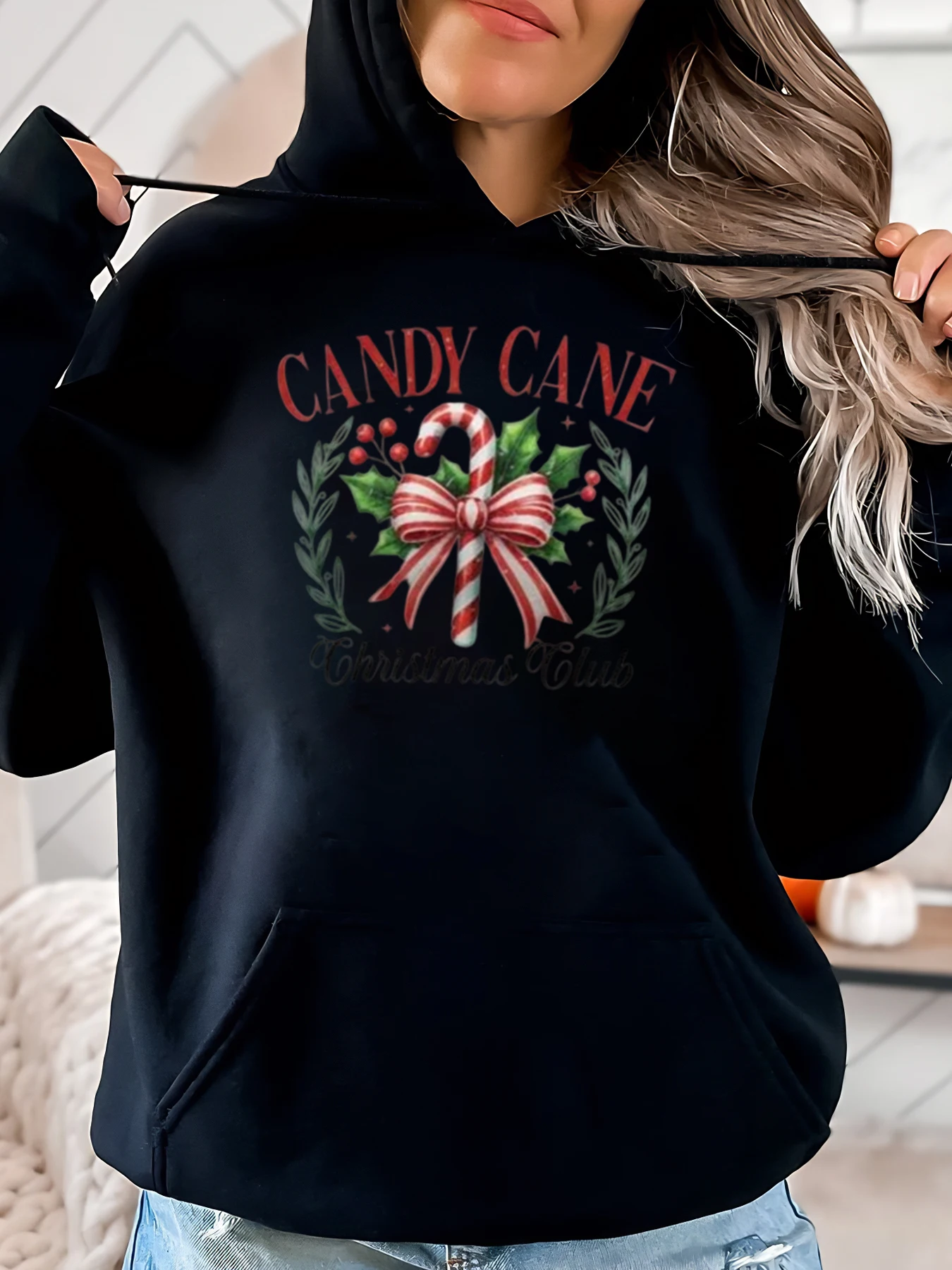 

Толстовка с принтом Candy Cane Christmas Club, рождественская женская повседневная одежда, черная, больших размеров