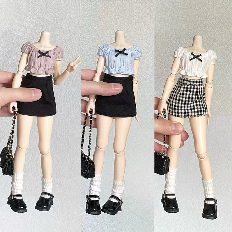 DLBell Fashion Blythe Clothes Off Shoulder Bow Top and mini Plaid Short Skirt for Blythe OB24 Licca Pullip 1/6 Dolls Outfit