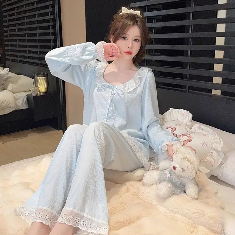 

Korean Spring Autumn New Princess Style Pajama Sets Lace Pajamas Ladies Long Sleeve 2 Sets Home Clothes Women Set Piece Woman Pj