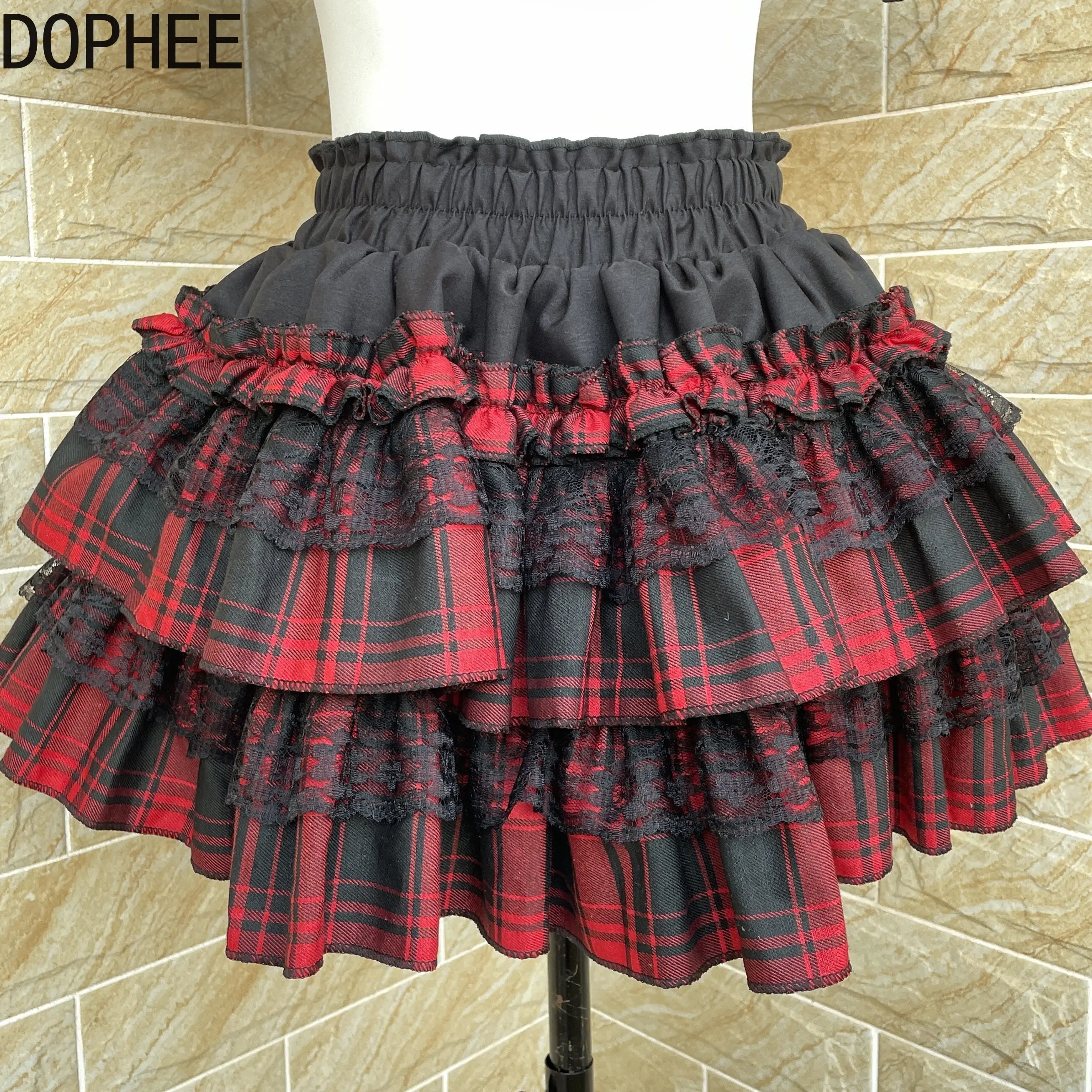 New Spring Summer Colorblock Subculture Plaid Pumpkin Pants Elegant Elastic Waist Lace Splicing Short A-line Y2k Cake Skirts