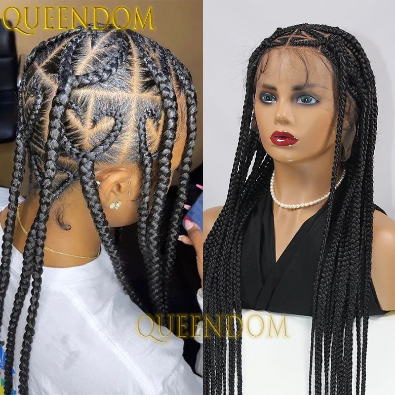 

Queendom 36 Inch Synthetic Braid Wig Full Lace Knotless Jumbo Cornrow Plait Braids Wig Faux Locs Heart Part Braided Goddess Wigs