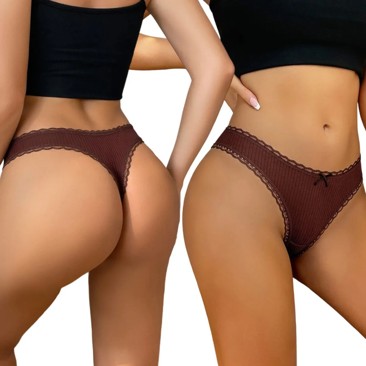 3PCS/SET Women Sexy T-back Panties Cotton Breathable Underwear Solid Color Low Waist Briefs With Bow Lace Trim