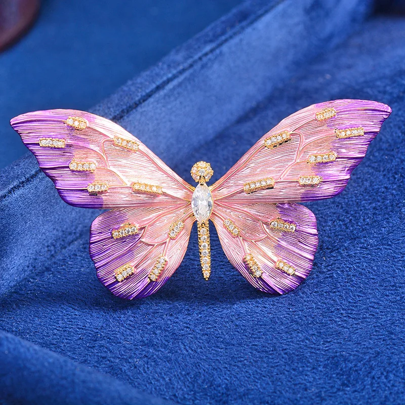 Chinese Style Lucky Auspicious Gradient Pink Purple Enamel Butterfly Brooch Micro Inlaid Zircon Elegant Lapel Pin Gift For Women