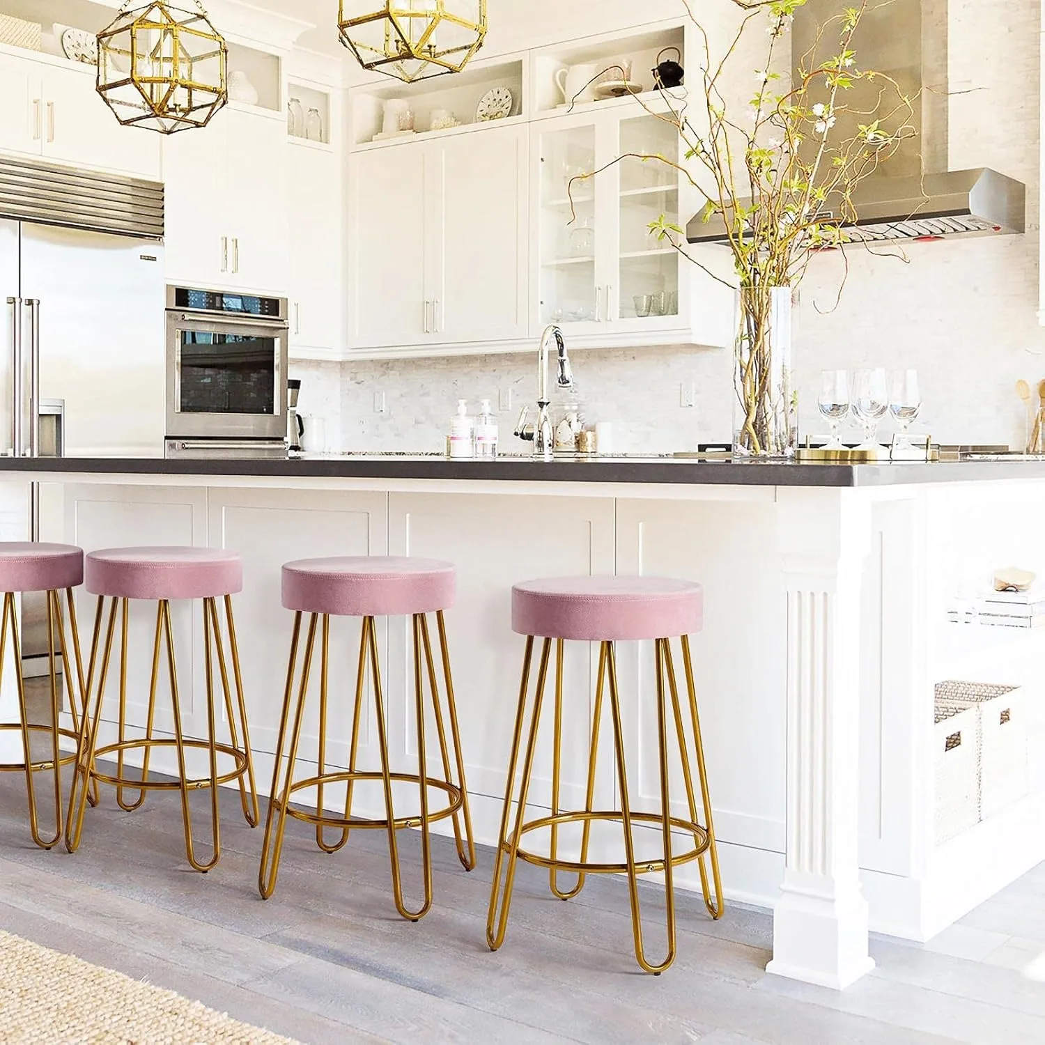 バースツール 2 個セット、ベルベットラウンドカウンタースツール、背もたれのないカウンターハイトバーチェア、ゴールデンレッグ付き