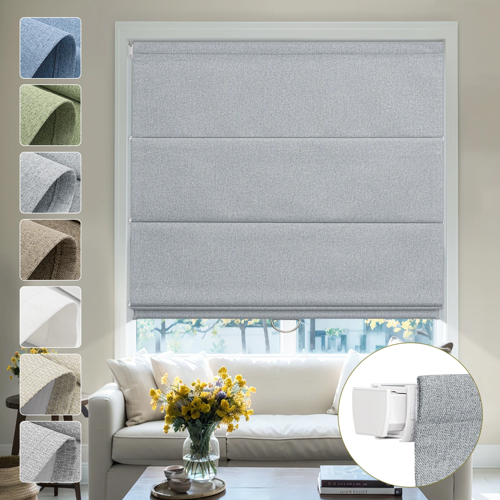 Moonice No Drill Roman Shades for Windows Cordless Linen Roman Shades Elegant Fabric Roman Shades for Home Custom Door Blinds