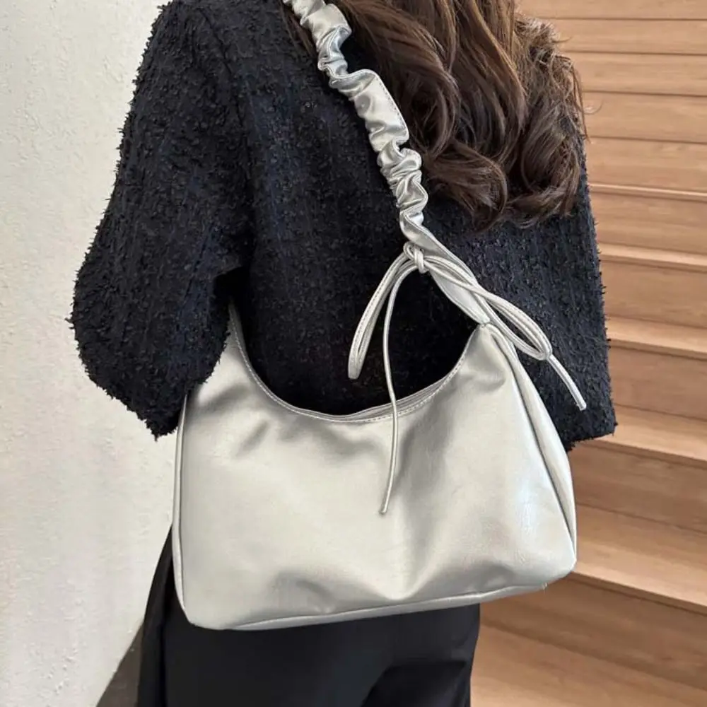 Ruffle Bowknot Shoulder Bag Handbag Zipper PU Leather Bow Tote Bag Crossbody Bag Dumpling Bag Ins Half-moon Underarm Bag