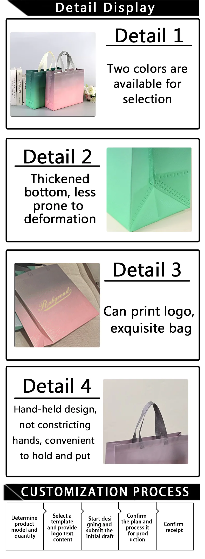 10 Stück Vliesstoff-Taschen in neuem Farbverlauf Rosa für Handtaschen, Bekleidungsgeschäfte, Geschenkverpackungen, Feiertagsgeschenktaschen, unterstützt individuelles Logo – Detail 3