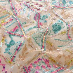 Color beaded geometric embroidery mesh fabric dress clothing cheongsam fabric soft yarn sequin embroidery cloth