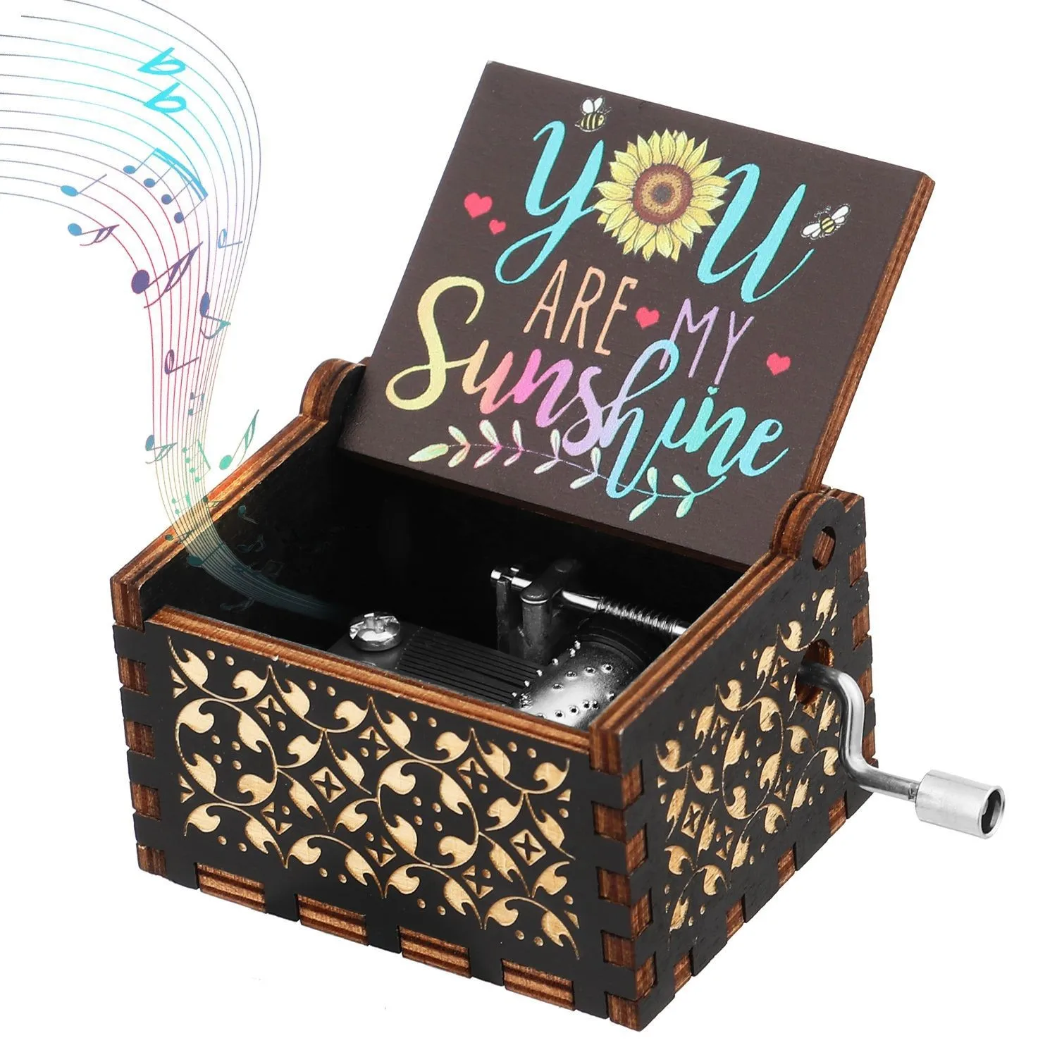 Wooden Hand Crank Music Box You ARE MY Sunshine Charms Gift Eight Music Box Christmas Valentine's Day New Year Birthday Gift DIY