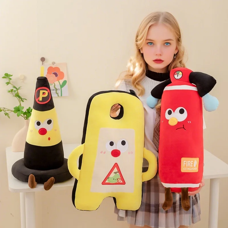 

Creative Warning Signs Theme Plush Toys Simulation Fire Extinguisher Road Cone Stuffed Pillow Cushion Early Education Props