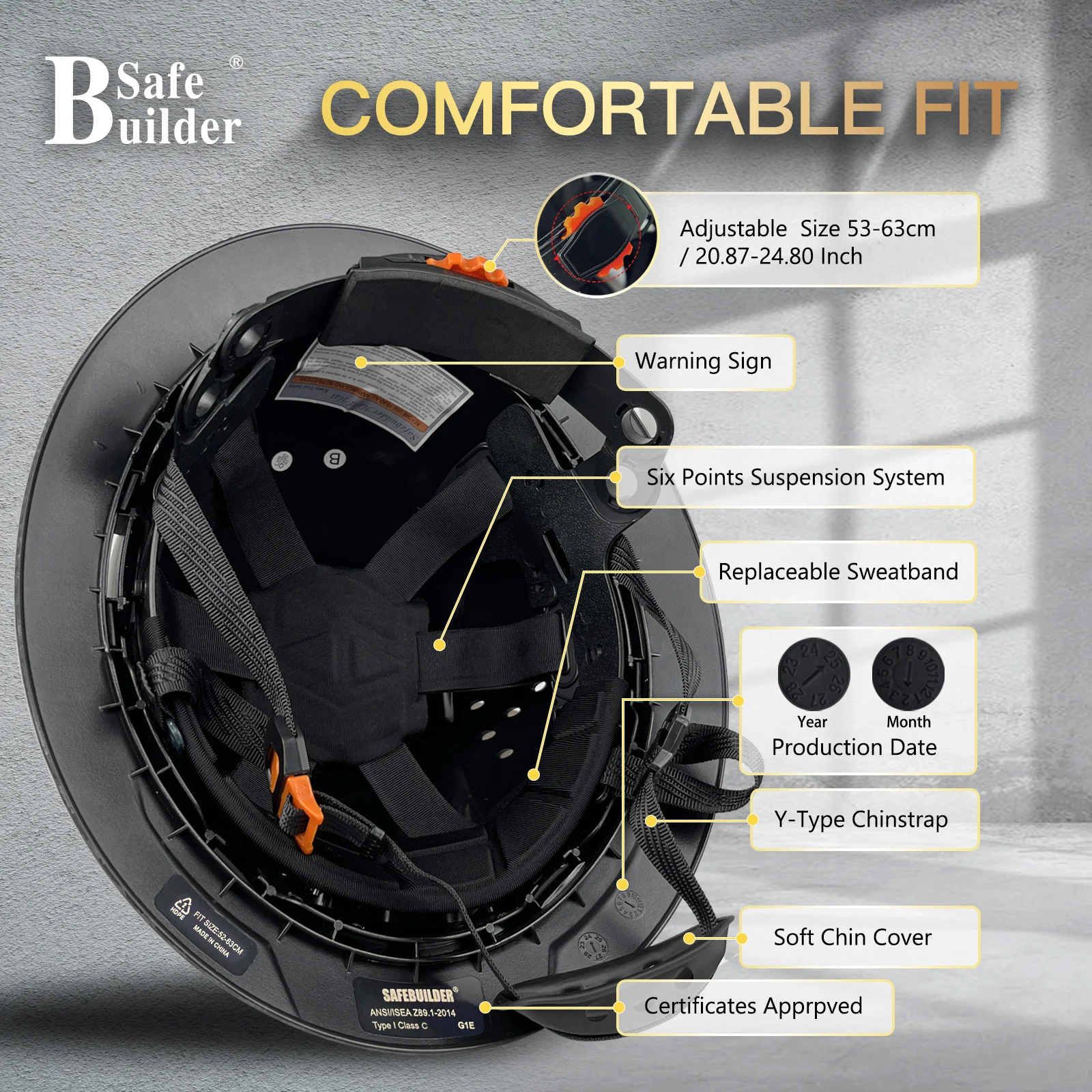 Full Brim Hard Hat Construction Work Men ANSI Approved HDPE Safety Helmet For Engineer Industrial with 6 Point Adjustable