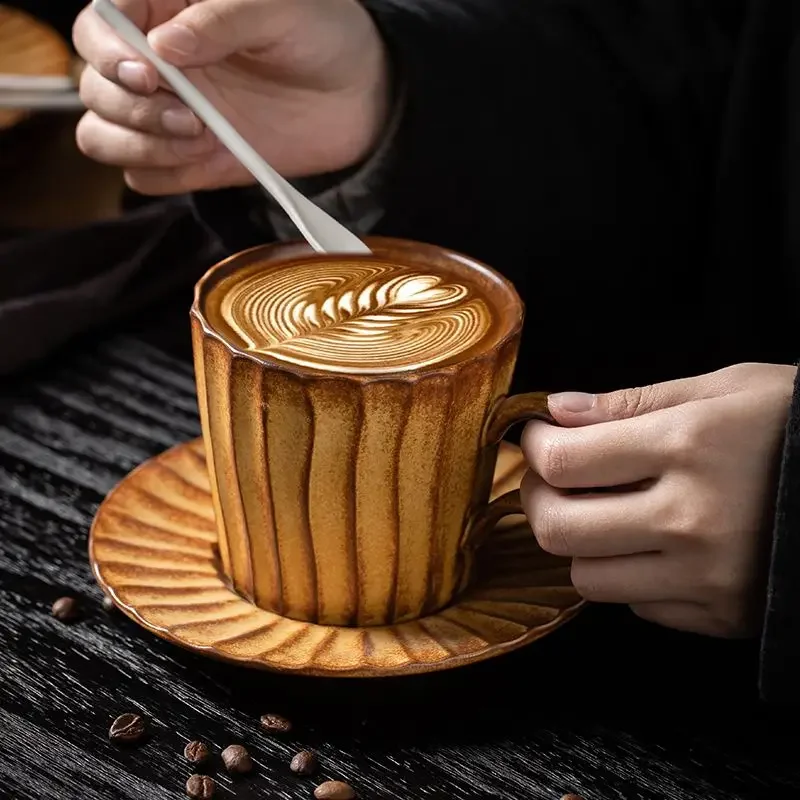 

Japanese Retro Coffee Cups and Plate Set,Luxurious Office Breakfast Milk Mug,Exquisite Ceramic Mug Tableware Couple Tea Cup Gift