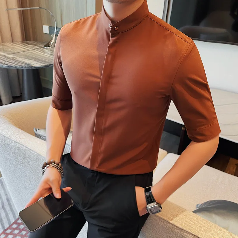 

Summer New Standing Collar Half Sleeve Shirts For Men Invisible Button Up Design Slim Casual Business Social Shirt Club Outfits