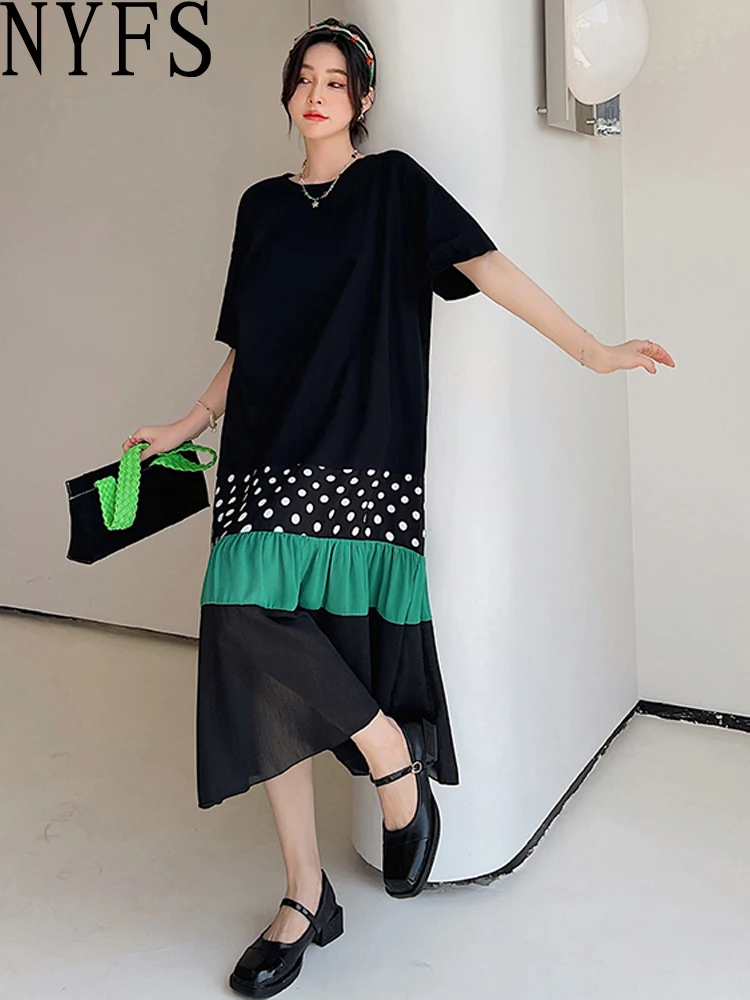 NYFS 2025 فستان نسائي كوري صيفي جديد من فيستدوس رداء Elbise فضفاض مقاس كبير مرقع بحاشية منقط وأكمام قصيرة فساتين طويلة