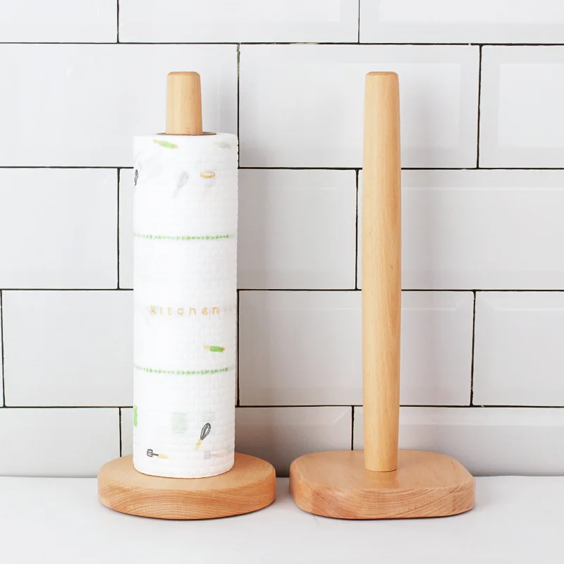 HeMu Natural Beech Wood Paper Towel Holder Stand, Countertop Roll Dispenser with Flower Top, Rustic Kitchen Bathroom Accessory