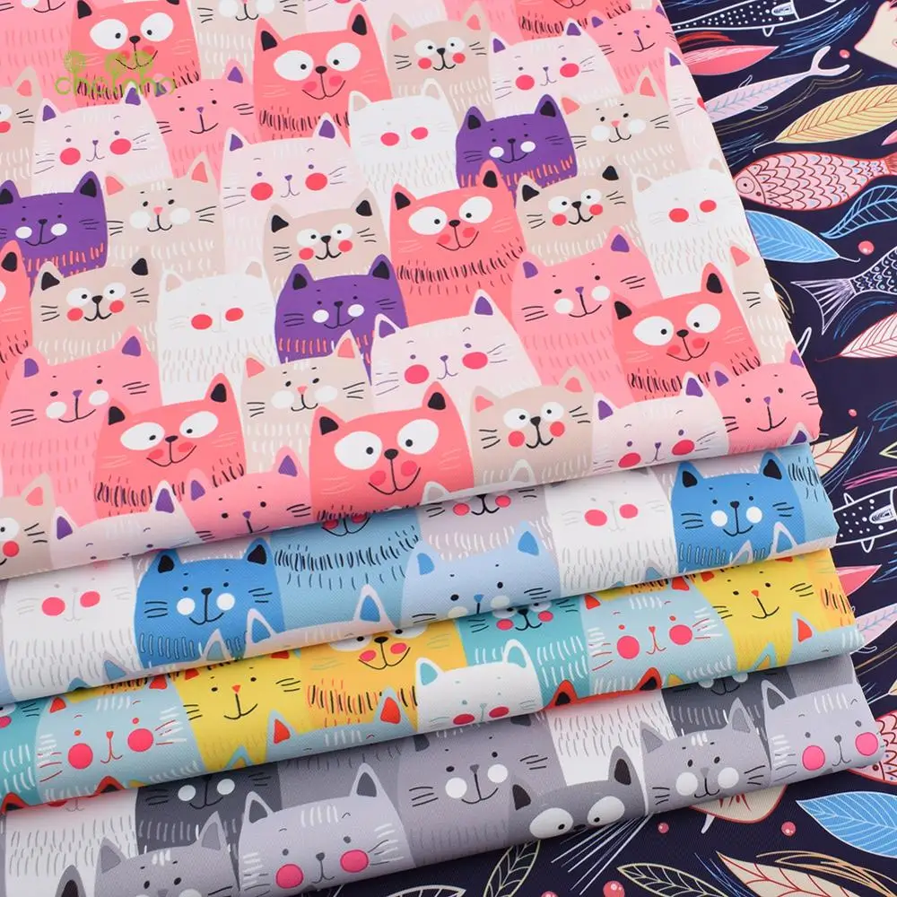 Chainho,Digital Printing Waterproof Fabric,DIY Quilting & Sewing Material, Cats & Fishes Series,For Suitcase,Handbag,Tablecloth