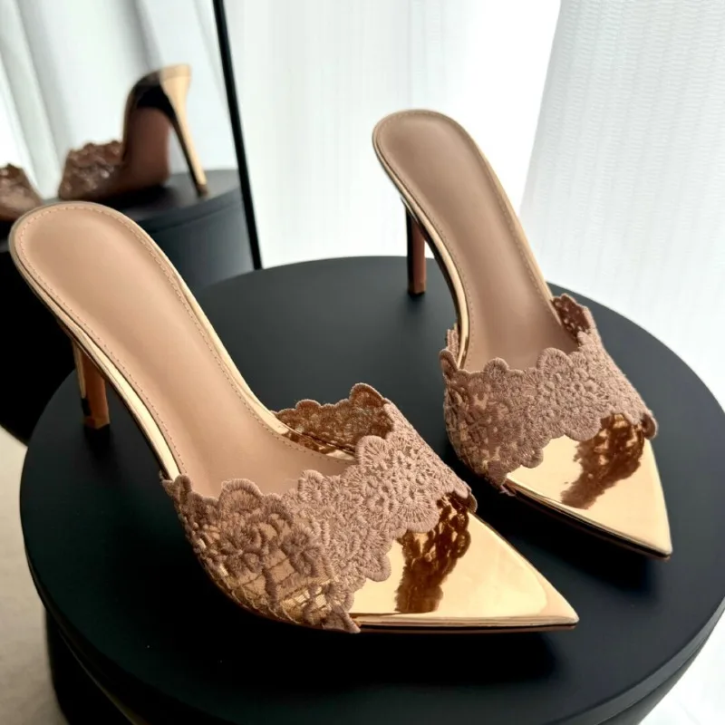 Summer 2026 pointed embroidery fine heel lace high-heeled slippers in champagne color, fashionable outdoor sandals