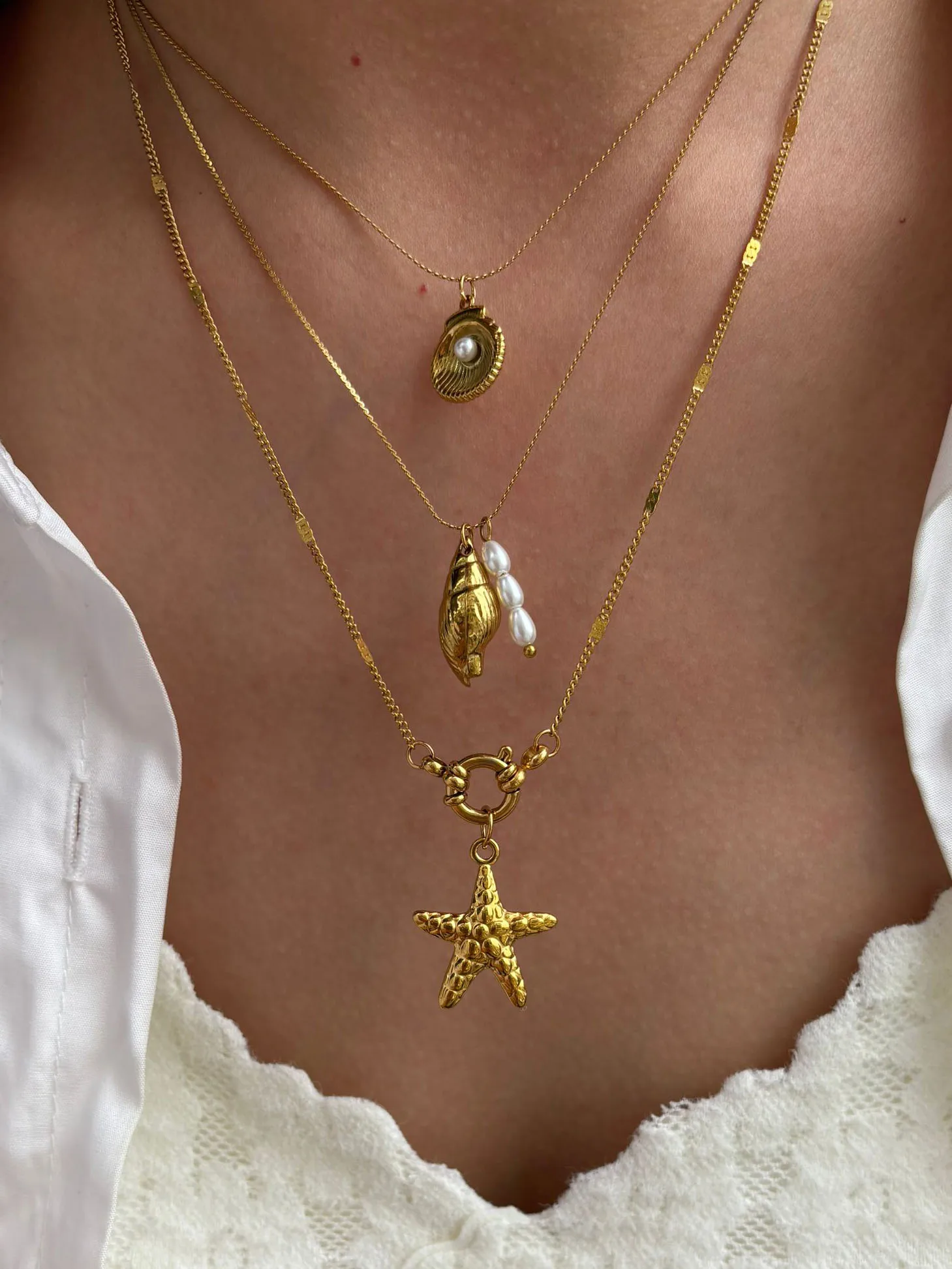 Peri'sbox-collares con colgante de perlas de imitación para mujer, estilo océano, chapado en oro, concha, estrella de mar, joyería de moda